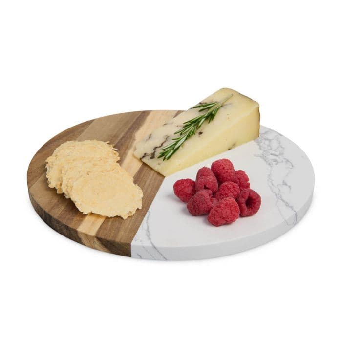 <ul><li><p>Maison du Fromage's Charcuterie Board for preparing and serving beautiful charcuterie, crudite, cheese, fruit, and dessert displays</p></li><li><p>Made from cultured marble and wood; measures 9.85 x 9.85 x 0.5-inches; material characteristics make each piece unique</p></li><li><p>Mixed-material design offers a cutting side and serving side; elegant and functional; ideal for every day, entertaining, and gifting</p></li><li><p>Acacia wood is extremely dense and durable to chop and slice; cultured marble stays cool to serve meat, cheese, and fruit</p></li><li><p>Fill with cured meat, cheese, crackers, olives, bowls of jam, chutney, tapenade, and more; reusable, strong, and hand washable</p></li></ul>